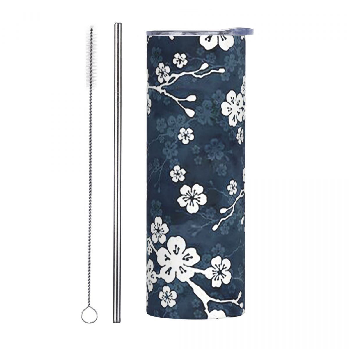 Tumbler 20Oz White - Marineblauw en wit kersenbloesem patroon roestvrijstalen